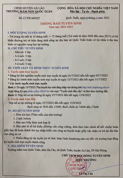 📣📣📣thông báo tuyển sinh đầu cấp. trường mầm non quốc tuấn năm học 2022 -2023