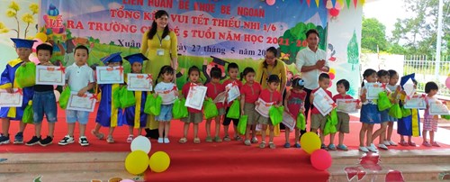 Hiệu trưởng nhà trường, ông Phạm Quang Thảo trưởng ban ĐDCM trẻ nhà trường lên tặng giấy khen và quà cho các bé đạt danh hiệu bé giỏi năm học 2021- 2022.