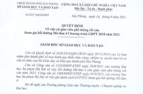 Quyết định về việc Cử giáo viên phổ thông cốt cán tham gia bồi dưỡng Modun 4 chương trình GDPT 2018 năm 2021