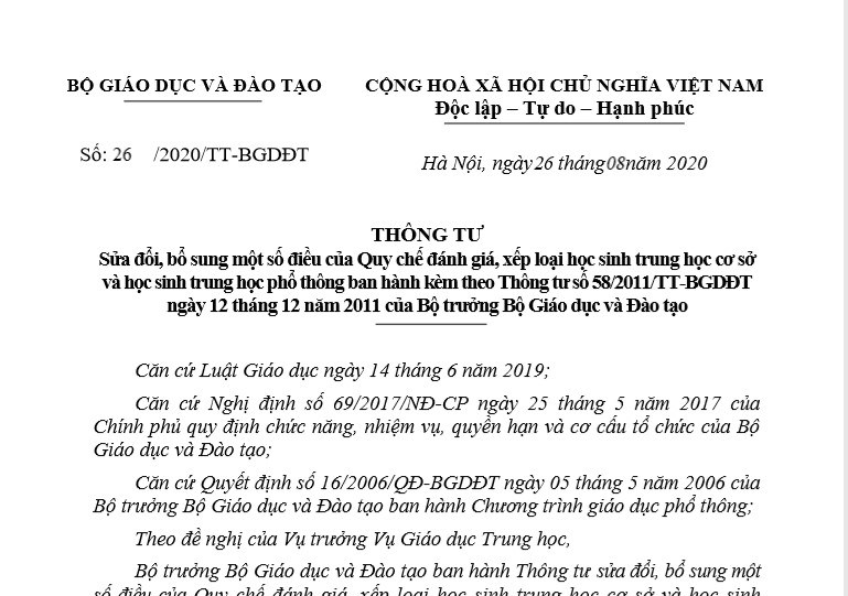 TT 26 - Sửa đổi, bổ sung một số điều lệ của quy chế đánh giá, xếp loại HS THCS, THPT 