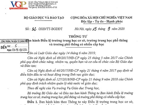 TT32 - Ban hành Điều lệ trường THCS, THPT và và trường phổ thông có nhiều cấp học.