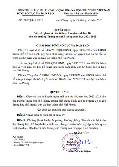 Quyết định giao chỉ tiêu kế hoạch tuyển sinh lớp 10 cho các trường THPT năm học 2022-2023