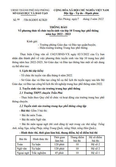 Thông báo về phương thức tuyển sinh vào lớp 10 Trung học phổ thông năm học 2022-2023