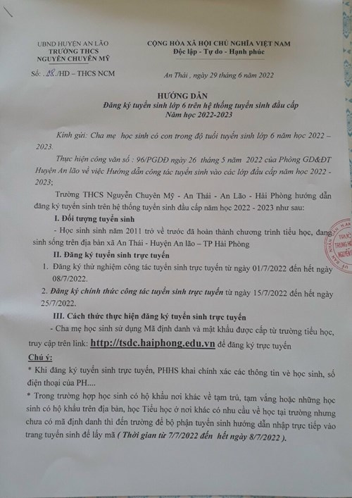 Trường THCS Nguyễn Chuyên Mỹ  - An Thái- An Lão - Hải Phòng tb: Hướng dẫn tuyển sinh trực tuyến năm học 2022 - 2023.