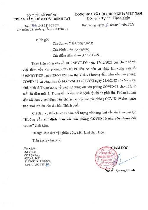 Hướng dẫn chỉ định tiêm chủng các loại vắc xin phòng COVID-19 cho các nhóm đối tượng