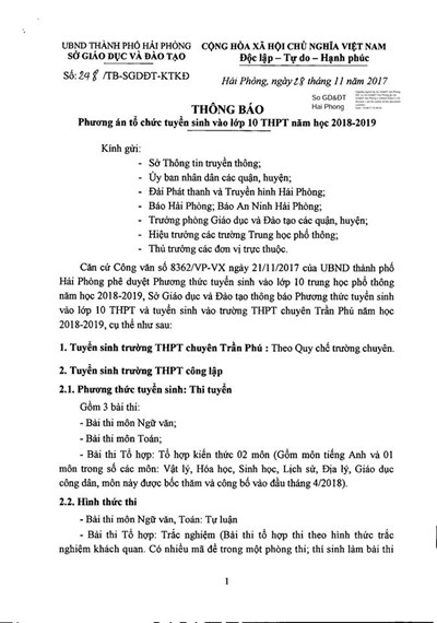 Phương án tuyển sinh vào lớp 10 THPT tại Hải Phòng, năm học 2018-2019.