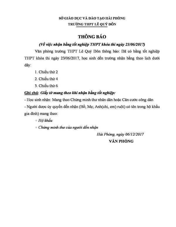 Thông báo nhận bằng tốt nghiệp THPT năm 2017, khóa thi ngày 23/06/2017