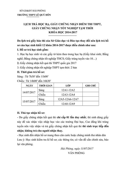 Thông báo lịch trả hồ sơ, Điểm thi THPT Quốc gia, Giấy chứng nhận tốt nghiệp tạm thời khóa học 2014-2017.