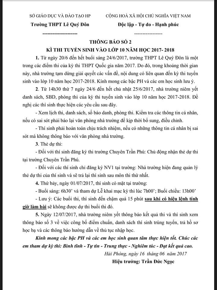 Ngày 16/6/2017: Thông báo số 2 về Kỳ thi tuyển sinh vào lớp 10 năm học 2017-2018 của trường THPT Lê Quý Đôn.