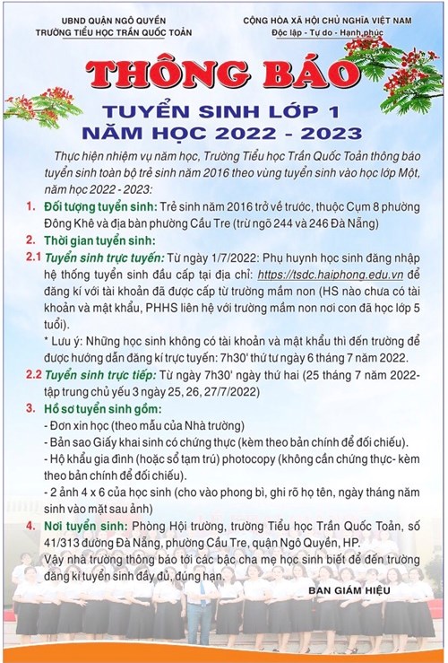 Thông báo tuyển sinh lớp 1 năm học 2022 - 2023